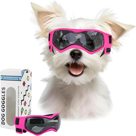 Dog Goggles Dog Sunglasses for Small Breed UV Protection Windproof with Adjustable Head Straps Chin Straps for Ride Car/Hiking Travel/On Beach-Pink