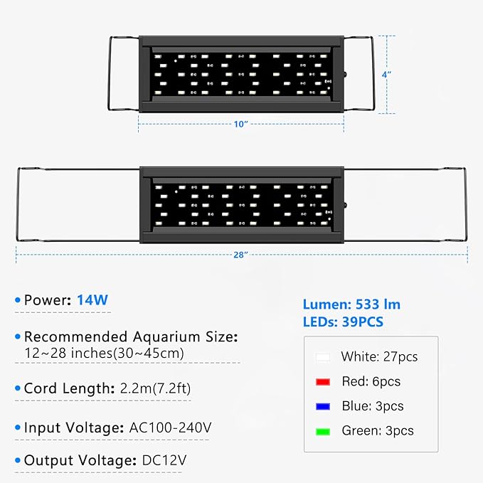 AQQA Full Spectrum Aquarium Light, Fish Tank Lights for Plant Growth Fish Viewing,3 Mode White Blue Red Green LED beads,Timer,Adjustable Brightness,Extendable Brackets for Freshwater 14W for 12-18inch