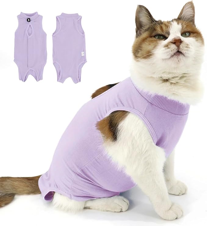 Cat Recovery Suit, Surgical Recovery Clothes for Abdominal Wound or Skin Disease, Cats Onesie After Surgery and Spay, E-Collar Alternative Pajama Suit (Purple, Large)