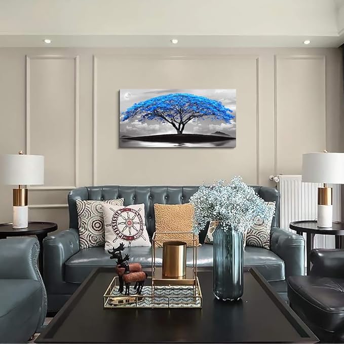 canvas wall art for living room bathroom Wall Decor Black and white landscape Blue tree moon painting to Hang Home Decorations for office bedroom kitchen Works canvas Prints pictures 20" x 40"inch