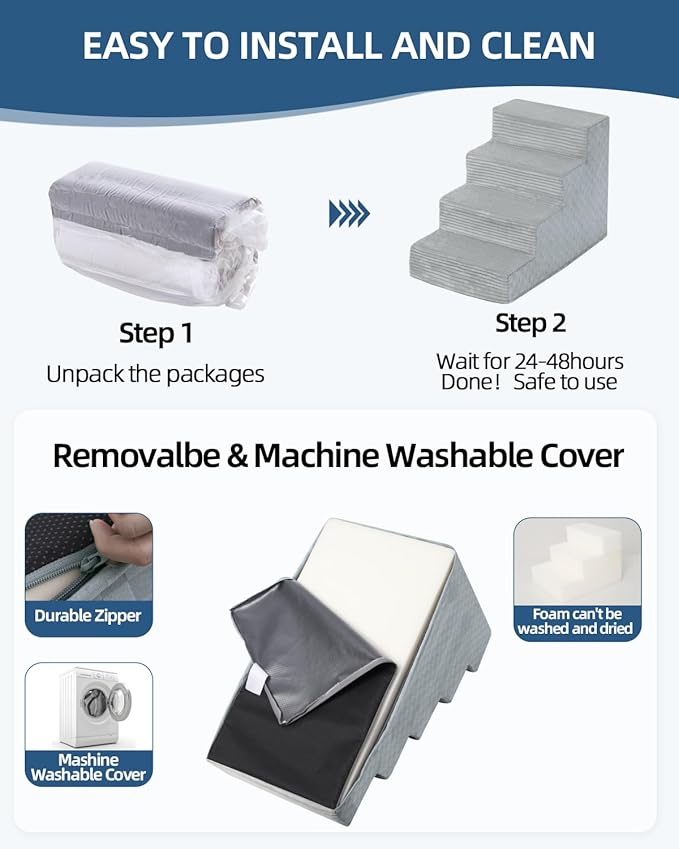 Dog Stairs for Small Dogs,17.5" H,4-Step Dog Steps for Bed and Couch with High Density Foam,Non-Slip Pet Steps for Doggy and Cat,Pet Stairs with a Washable Cover,Grey