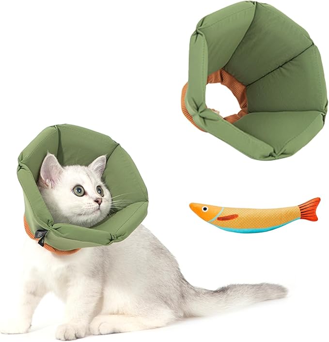 Cat Cone Collar - Soft Waterproof Elizabethan for Cats, Cute Green Flower Anti-Lick Recovery Collar, Adjustable Healing Collar for Wound Care & Surgery with a pet Toy Fish，S