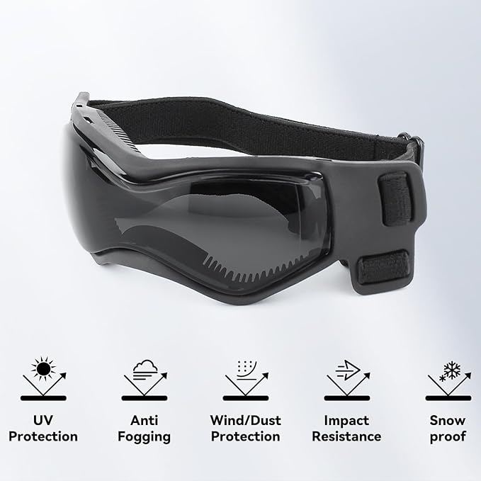 Dog Goggles Dog Sunglasses for Small Breed UV Protection Windproof with Adjustable Head Straps Chin Straps for Ride Car/Hiking Travel/On Beach-Black