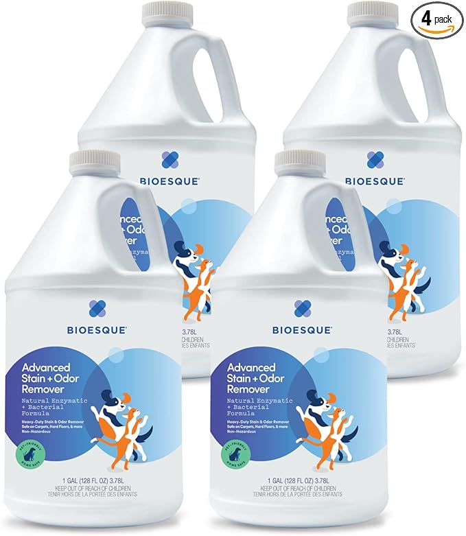 Bioesque Advanced Stain + Odor Remover, Pet-Friendly Natural Enzymatic & Bacterial Formula, Heavy-Duty Stain & Odor Remover, Safe on Carpets, Hard Floors, & More, 1 Gallon (Pack of 4)