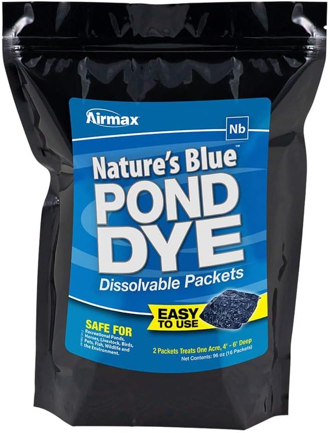 Airmax Pond Dye Packets Nature's Blue Colorant for Large Pond & Lake, Beneficial UV Blocking Color Concentrate, Maintain Clean & Clear Water, Fish & Animal Safe, 16 Soluble Packets