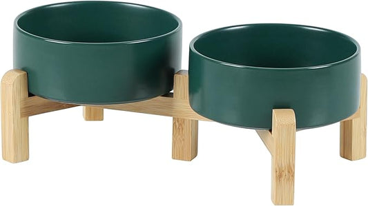 Ceramic Raised Double Bowls Set with Stand, 2 Heights Elevated, Food & Water Bowls for Small Breed Dogs, Cats, Kitty, Weighted Dog Dishes, Pet Bowls(5.1'',13.5oz, Green)