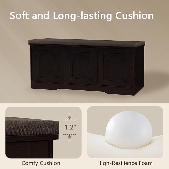 DINZI LVJ Shoe Bench, Entryway Storage Bench with Doors, Cushion, 2-Tier Shoe Rack with 6-Cubby, 39.4”L x 13.8”W Shoe Organizer Cabinet, Adjustable Shelf, Living Room, Bedroom, Espresso