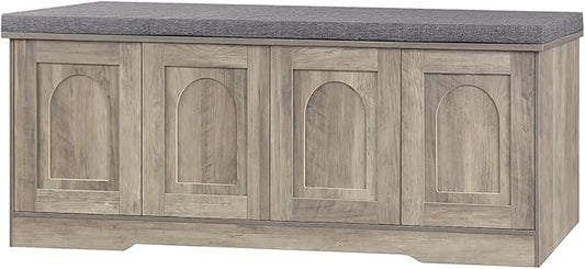 DINZI LVJ Shoe Bench, Entryway Storage Bench with Doors, Cushion, 2-Tier Shoe Rack with 8-Cubby, 47.2”L x 13.8”W Shoe Organizer Cabinet, Adjustable Shelf, Living Room, Bedroom, Gray Wash