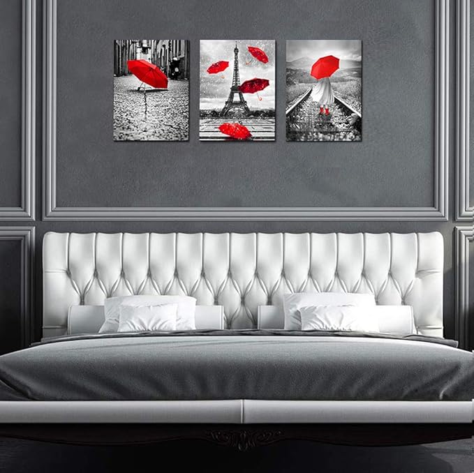 Black and white landscape Eiffel Tower 3 Piece Wall Art for Living Room Bathroom Decorations Kitchen Wall decor modern red umbrella Poster Canvas Print Office Bedroom Home Decoration wall paintings