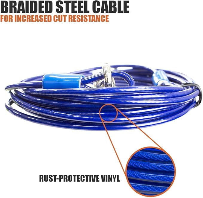 BV Dog Tie Out Cable 15 Feet - Heavy Duty Dog Lead Up to 60 Pounds - Reflective & Rust-Free with Quick Release Swivel Clips & 360° Rotating Clasp - Tangle-Free Dogs Runner for Yard (Blue, Single)