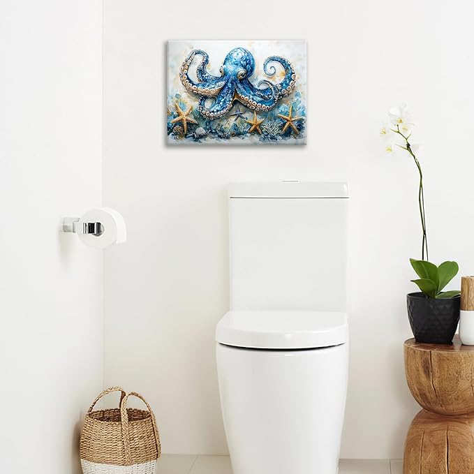 Octopus Bathroom Pictures Wall Art, Sea Animal Ocean Bathroom Wall Decor, Nautical Framed Painting Canvas Artwork for Bedroom Living Room Decorations 20"L x 16"W