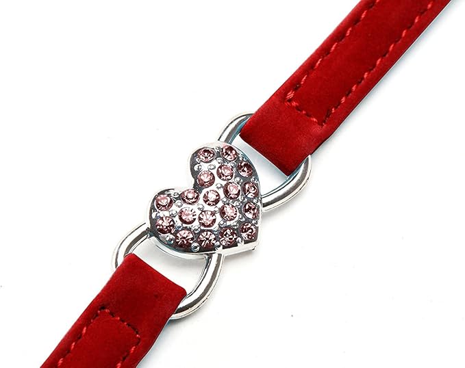 CHUKCHI Pink Soft Velvet Safe Cat Adjustable Collar with Crystal Heart Charm and Bells 8-11 Inches (Red)