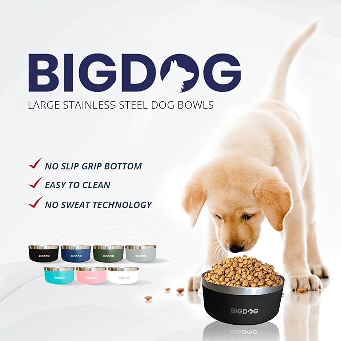 BIGDOG Large Dog Bowls, Stainless Steel, No Spill, 100 Ounce, Black