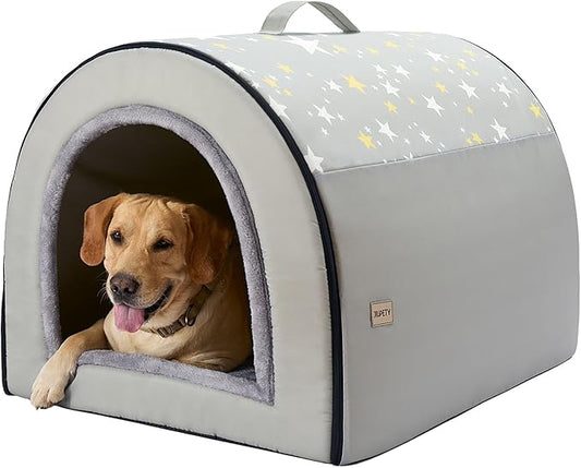Jiupety 2 in 1 Dog House Indoor, Comfy Cave Bed Covered Dog Bed, Portable House for Large Dogs, 3XL(39"×32"×28"), Up to 90 Lb, Grey