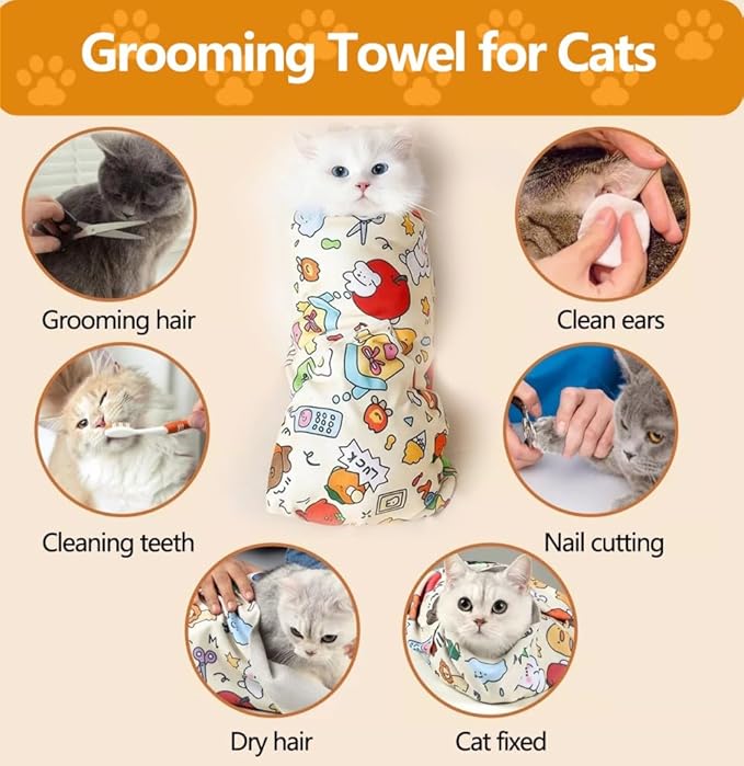 Magic Cat Wrap for Cutting Nails & Grooming, Self Adherent Fabric Wrap for Cats, Multi Functional Pet Grooming Towel Blanket, Wrap Snug and Groom for Cats, 27.6in, Under 22 Ibs