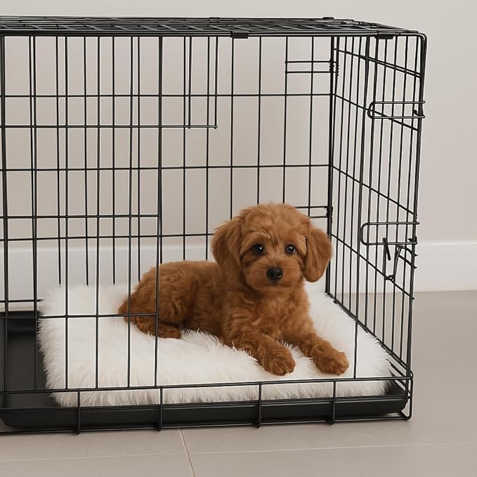 IHAPPYDOG Luxury Faux Fur Orthopedic Dog Beds, Memory Foam Crate Bed for Small, Medium, Large and XL Pets, Fluffy Pet Bed with Waterproof and Washable Cover, Fits Crates (White, 35" x 23")