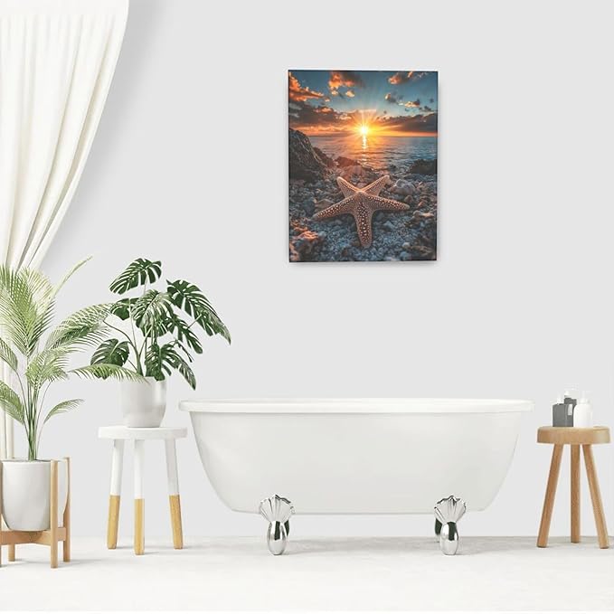 Beach Starfish Wall Decor Ocean Starfish Wall Art Sunset Scenery Coastal Theme Pictures Canvas Nature Seascape Painting Print Framed Artwork Decorations for Home Bathroom Living Room Bedroom Office 16"x20"