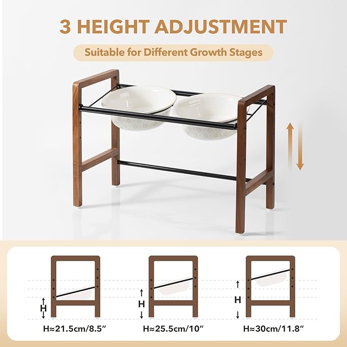 8.7inch Ceramic Adjustable Raised Double Bowls Set with Stand, 3 Heights Elevated, 2 Placement Options, Food and Water Dishes for Large Dog(Double Bowls+Stand, Reactived Glaze -White)