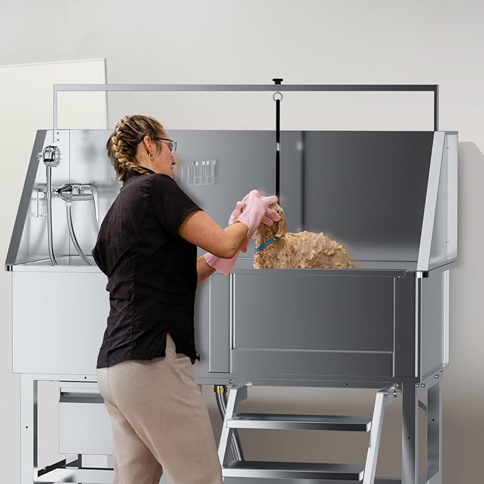 Professional 46" Dog Washing Station, Stainless Steel Dog Bathing Station, Height Adjustable Dog Wash Station, Storage Drawer, Upgrade Parts, Home, Commercial (Right Step)