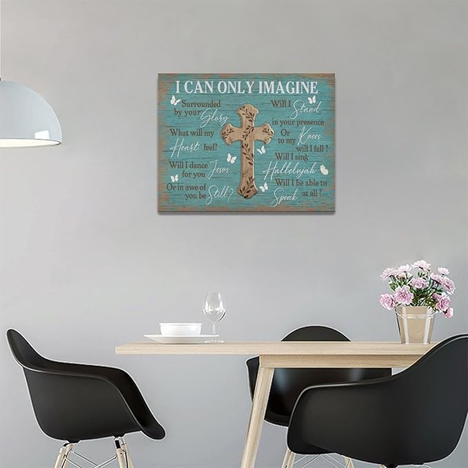 Rustic Christian Cross Wall Art I Can Only Imagine Pictures Farmhouse Butterfly Wall Decor Teal Motivational Canvas Print Painting Artwork for Bathroom Living Room Bedroom 12"x16"