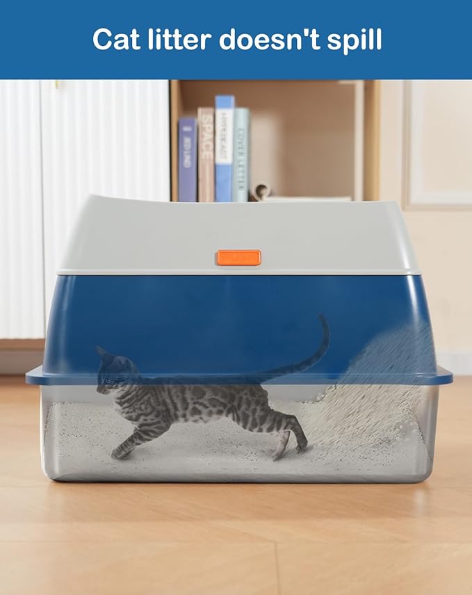 XL Stainless Steel Enclosed Litter Box with Covered for Indoor Cats, High Sides, Eliminates Odors, Easy Clean, Blue, FOXORU