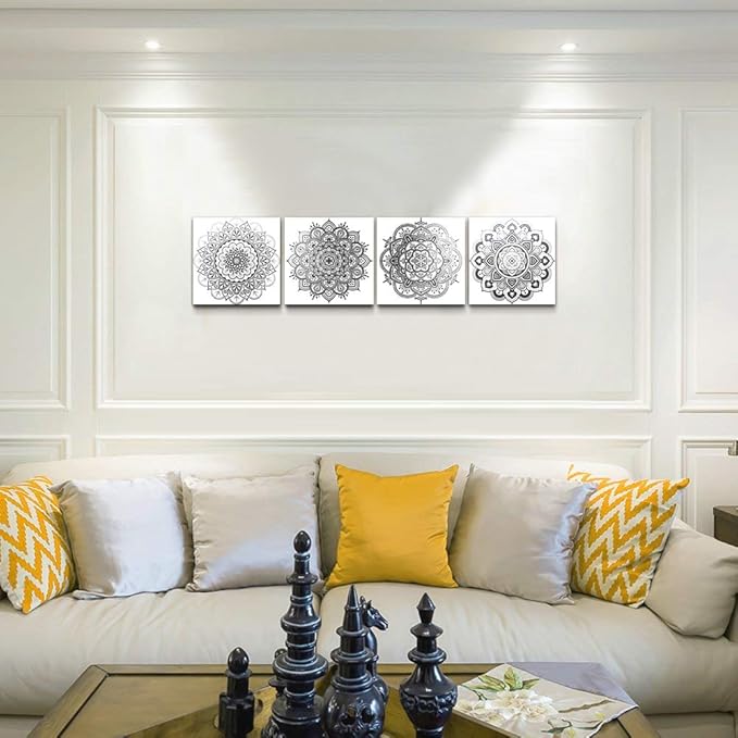 Black and white art Decorative pattern Canvas Wall Art for Living Room Bedroom wall decor Bathroom decorations,4 piece Modern Home decoration inspirational wall paintings Posters Pictures artwork