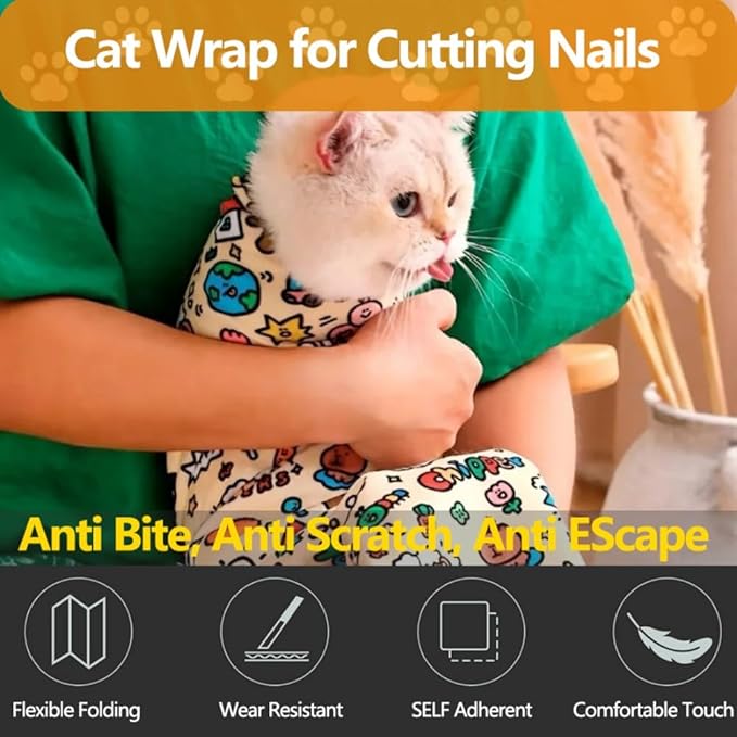 Magic Cat Wrap for Cutting Nails & Grooming, Self Adherent Fabric Wrap for Cats, Multi Functional Pet Grooming Towel Blanket, Wrap Snug and Groom for Cats, 17.7in, Under 9 Ibs