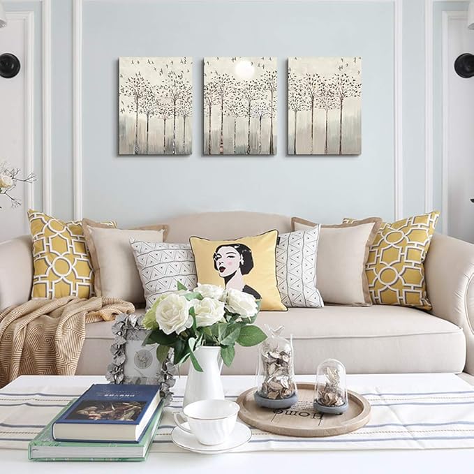 Trees And Birds Abstract Paintings Canvas Prints Wall Art For Bedroom Bathroom Wall Decor Office Artworks Pictures Wall Decorations For Living Room,3 Piece Sunrise And Sunset Modern Home Decoration
