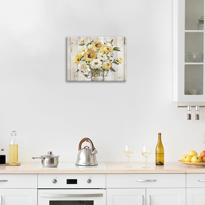 Sunflower Bathroom Pictures Wall Art, Simple Blessed Floral Bathroom Wall Decor, Flower Framed Painting Canvas Artwork for Bedroom Living Room Decorations 20"L x 16"W