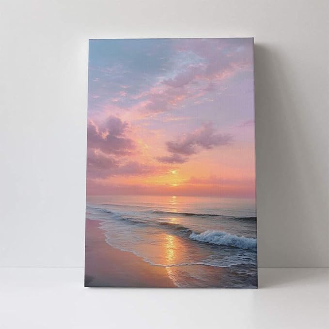 Beach Sunset Wall Art Ocean Coastal Scenery Wall Decor Seascape Picture Canvas Landscape Painting Print Framed Artwork Decorations for Living Room Office Bedroom Kitchen 16"x24"