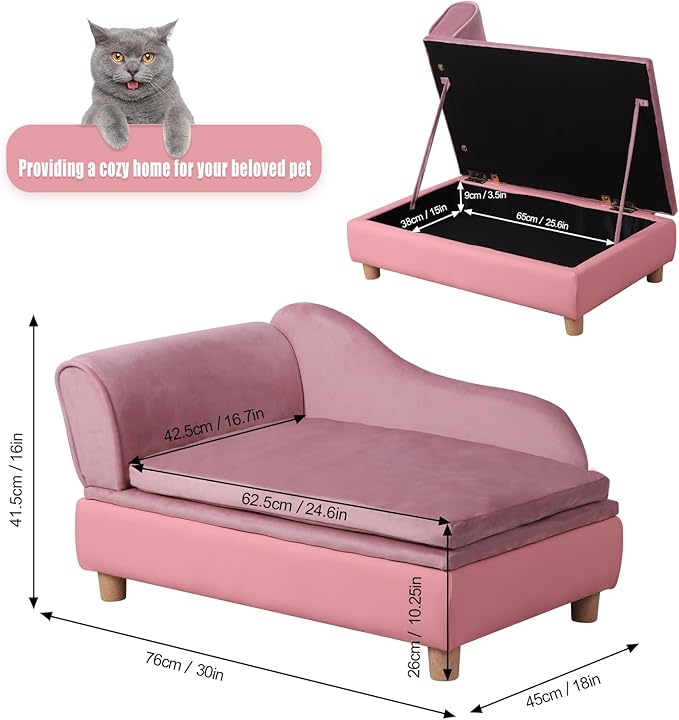 Pet Bed Sofa, Puppy Bed with Storage, Small Dog Couch with Removable & Washable Cushion, Comfy Pet Couch Bed for Cats & Puppy(Pink)