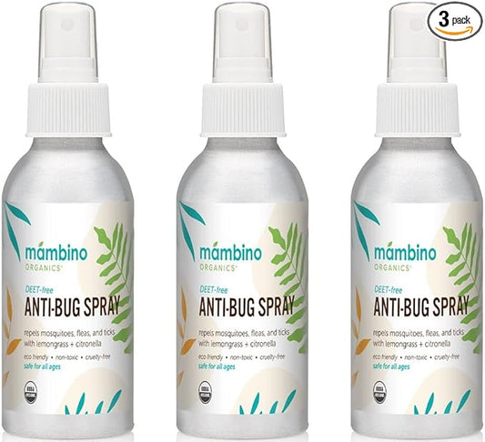 Anti-Bug Spray DEET-Free – Organic, All-Natural Bug Spray Travel Size with Essential Oils – Non-Toxic, Reef Safe, Face-Safe Bug Repellent for Babies, Kids, Adults by Mambino Organics, 4oz 3-Pack