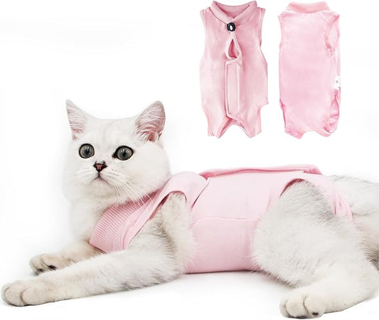 DOTON Cat Recovery Suit for Male and Female Surgical Post Surgery Soft Cone Onesie Shirt Clothes Neuter Licking Protective Diapers Outfit Cover Kitten Spay Collar(M, Pink)