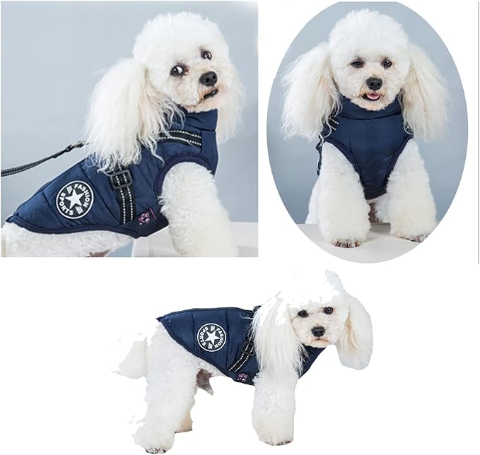 HDKUW Small Dog Jacket, Small Dog Coat Harness Winter Warm Vest Jacket Waterproof Cotton Costume for Puppy Small Dogs (L, Blue)