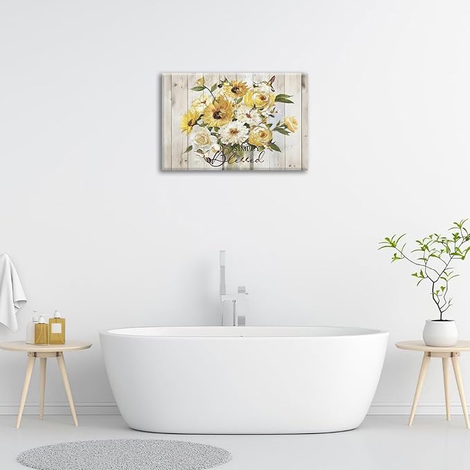 Sunflower Bathroom Pictures Wall Art, Simple Blessed Floral Bathroom Wall Decor, Flower Framed Painting Canvas Artwork for Bedroom Living Room Decorations 24"L x 16"W