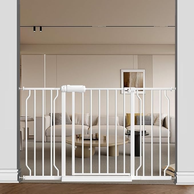 TSAYAWA Walk Through Baby Gate with Door, 48.1-52.7 Inch Wide Presure Mounted No Drill Metal Auto Close Child Gate for Stair Doorway - Indoor Outdoor Safty Gate for Toddler Dog Doggie, White