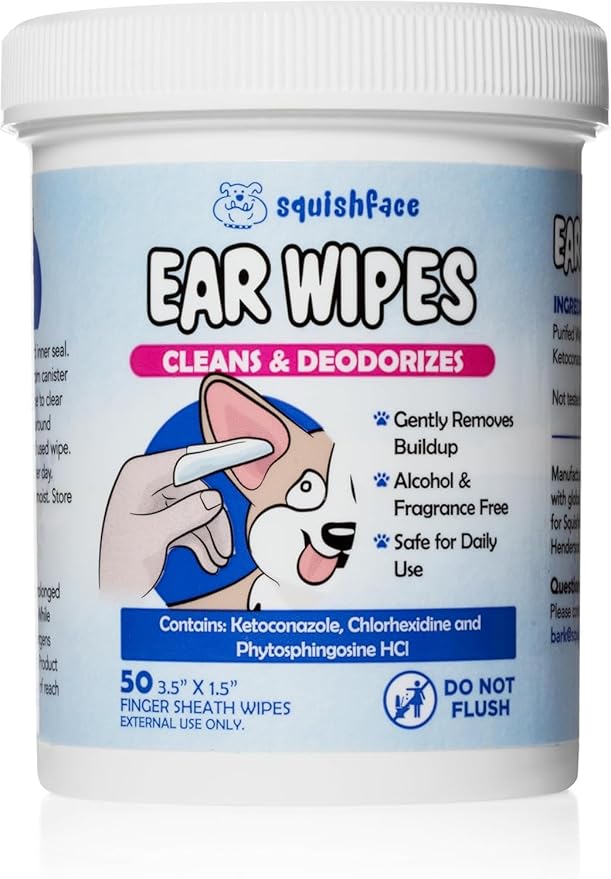 Squishface Dog Ear Relief Individual Finger Sheath Wipes – Non-Allergenic Ingredients & Irritation-Reducing Formula Cleans & Deodorizes, Helps Prevent Ear Itch & Odor – for All Breeds! (50 Count)