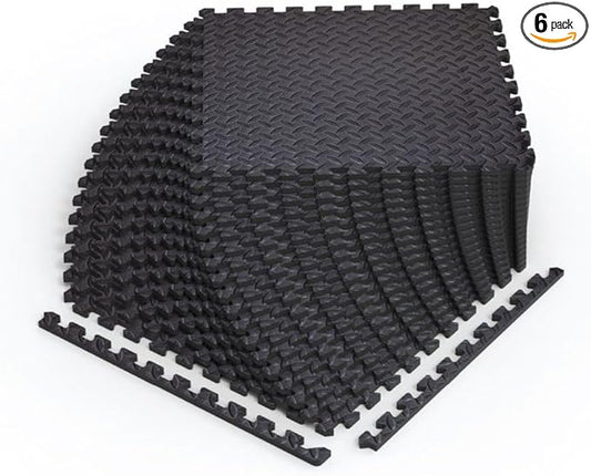 Norsk Foam Floor Gym Mats with Interlocking Tiles, .47" Thick, 24"x24",6-Pack, 24 Square Feet, Diamond Plate Design, Black