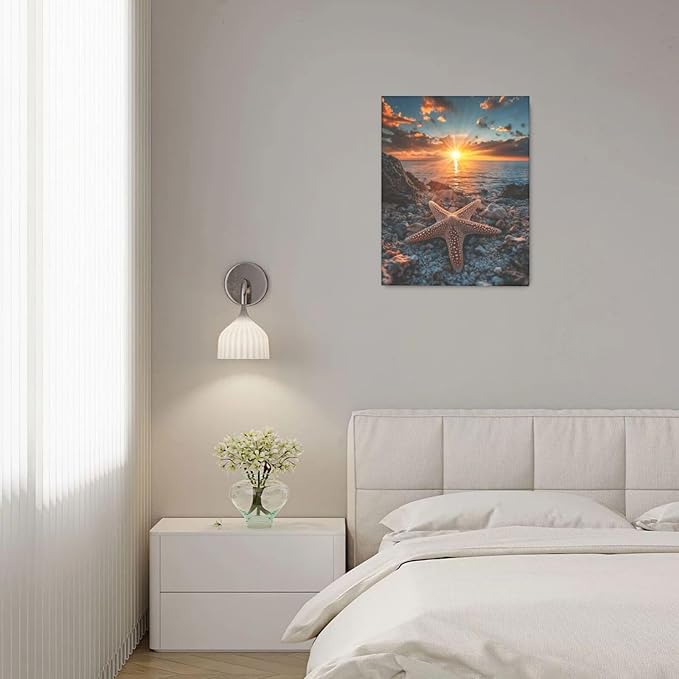 Beach Starfish Wall Decor Ocean Starfish Wall Art Sunset Scenery Coastal Theme Pictures Canvas Nature Seascape Painting Print Framed Artwork Decorations for Home Bathroom Living Room Bedroom Office 16"x20"