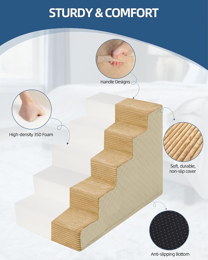 Dog Stairs for Small Dogs,17.5" H,4-Step Dog Steps for Bed and Couch with High Density Foam,Non-Slip Pet Steps for Doggy and Cat,Pet Stairs with a Washable Cover,Khaki
