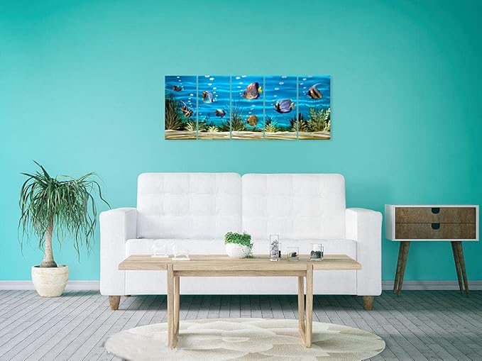 SYGALLERIER School Of Fish Metal Wall Art Handcrafted 3D Coastal Aluminum Artwork Modern Abstract Sea Styles Wall Accent in Blue Green Silver Color for Living Room Bedroom Bathroom Decor