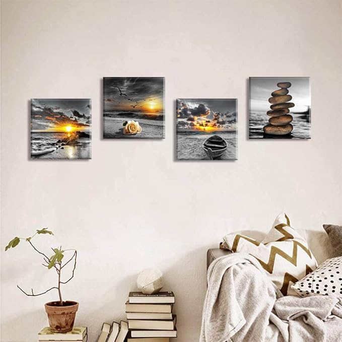 Yxbhhym Black and White Gold Beach Wall Art Ocean Canvas Seascape Prints Posters Zen Wall Decor Sea Sunrise Scenery Wall Pictures Coastal Paintings for bathroom Wall Art Framed -12"x12"inches x 4 pcs