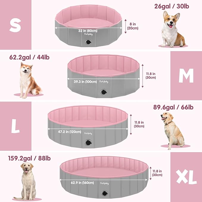 Furrybaby Dog Pool, Kiddie Pool Hard Plastic, Collapsible Pet Bath Foldable Swimming Pet Pool Portable Pink 32''