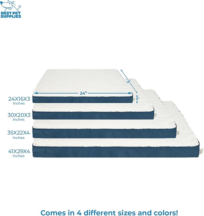 Best Pet Supplies Cute Dog Crate Mat Flat Bed with Waterproof Exterior, Thick Orthopedic Egg Foam Mattress, and Soft Sherpa Fleece Cover for Small, Medium, and Large Breeds - Blue, 30X20X3