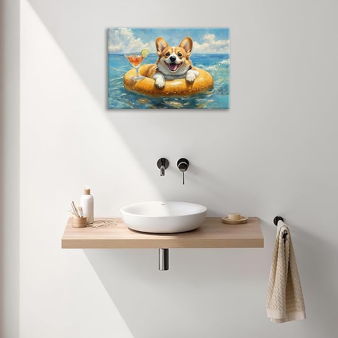 Ocean Funny Corgi Dog Pictures Wall Art, Bathroom Cute Dog Wall Decor Sea Coastal Framed Painting Beach Canvas Artwork for Bathroom Bedroom Living Room Decorations 24"L x 16"W