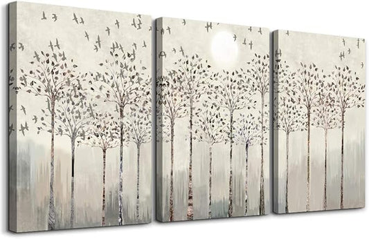 Trees And Birds Abstract Paintings Canvas Prints Wall Art For Bedroom Bathroom Wall Decor Office Artworks Pictures Wall Decorations For Living Room,3 Piece Sunrise And Sunset Modern Home Decoration