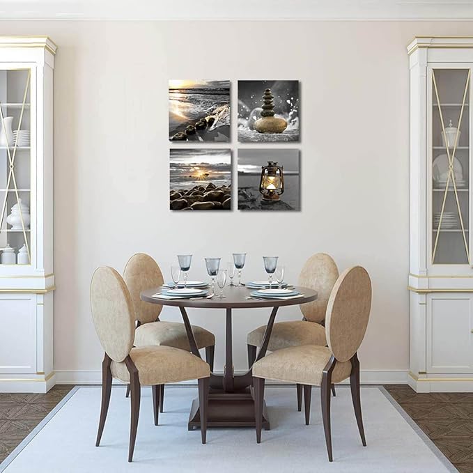 Yxbhhym-Canvas Zen Décor Black and White Beach Wall Art Ocean Poste Seascape Picture Print Sunset Scenery Painting Artwork for Living Room Wall Decor Bedroom Bathroom Wall Home Decorations Framed