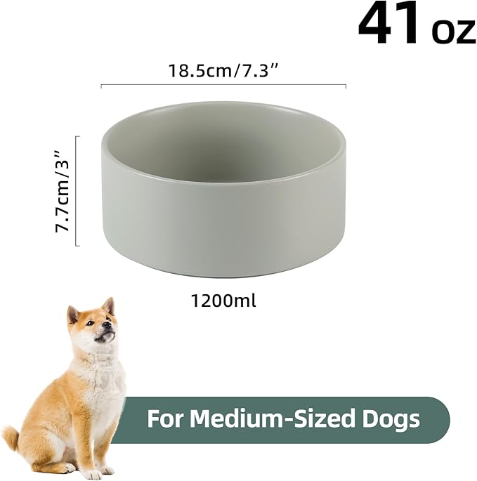 Ceramic Dog Bowl, Food and Water Bowl for Medium Breed Dog, Pet Bowl for Replacement (7.3 inch, Single Bowl, Grey)