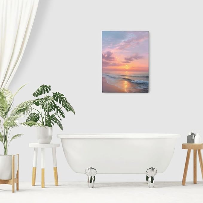 Beach Sunset Wall Art Ocean Coastal Scenery Wall Decor Seascape Picture Canvas Landscape Painting Print Framed Artwork Decorations for Living Room Office Bedroom Kitchen 12"x16"