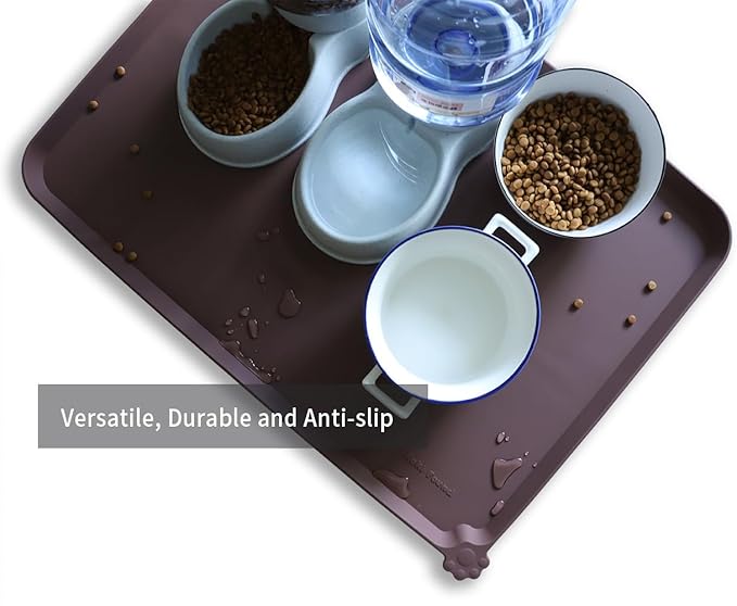 Hoki Found X-Large Silicone Non-Slip Pet Feeding Mats - Waterproof, Ideal for Dogs, Cats & Carpets - Dark Oak